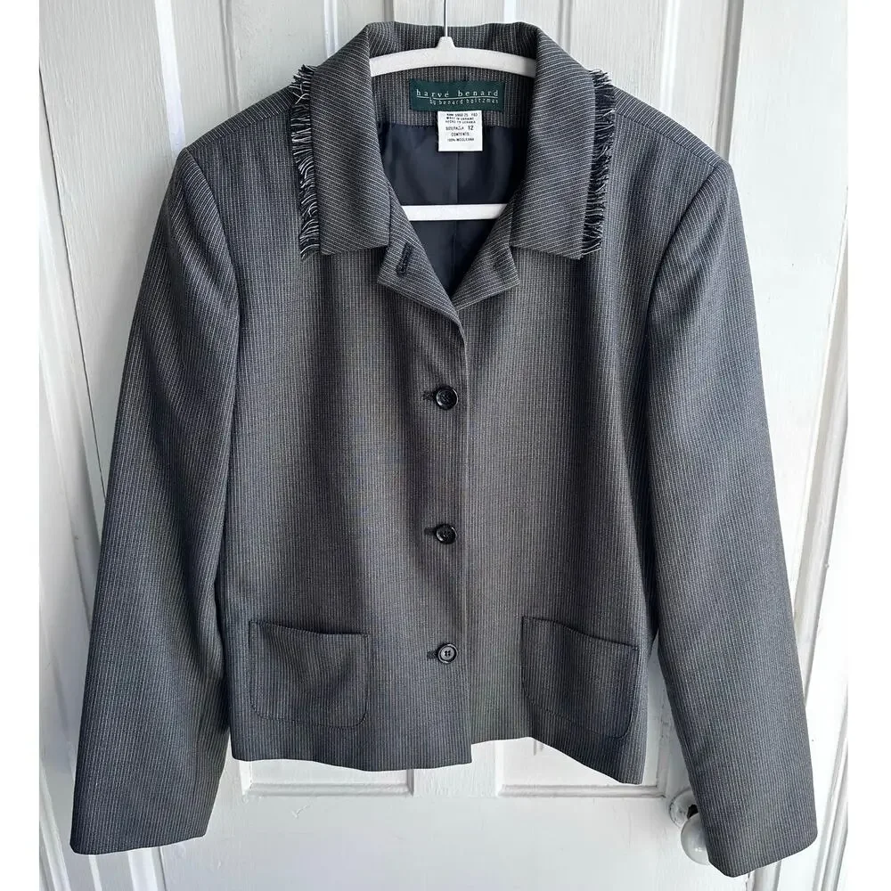 Harvé Bernard Wool Blazer | Size 12 | Gray Textured Jacket